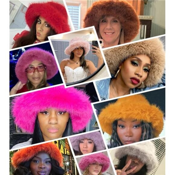 Oversized Winter Faux Fur Bucket Hat for Women Dark Red - Picture 4 of 4